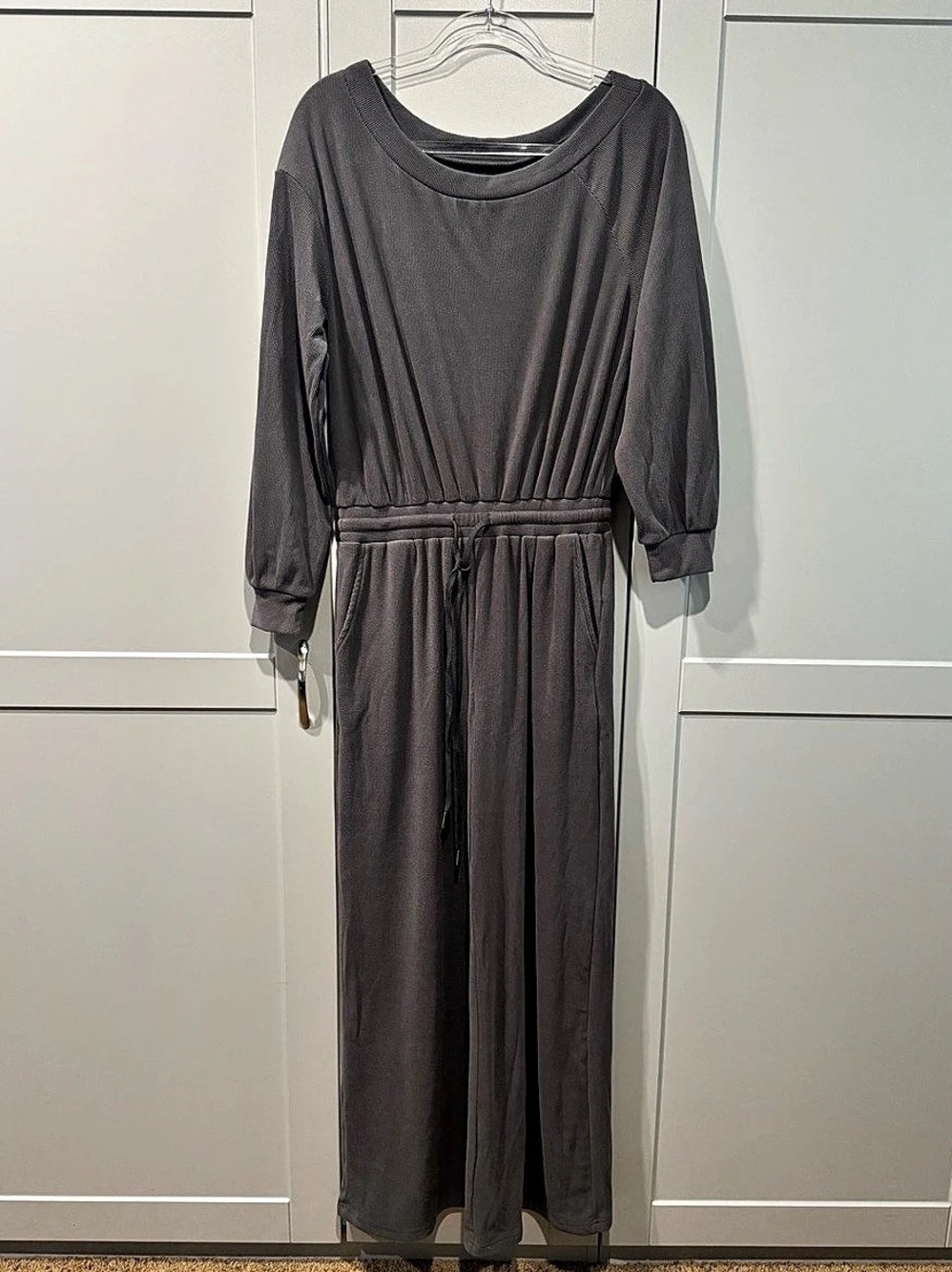Cider Solid Drawstring Waist Long Sleeve Jumpsuit Gray Small